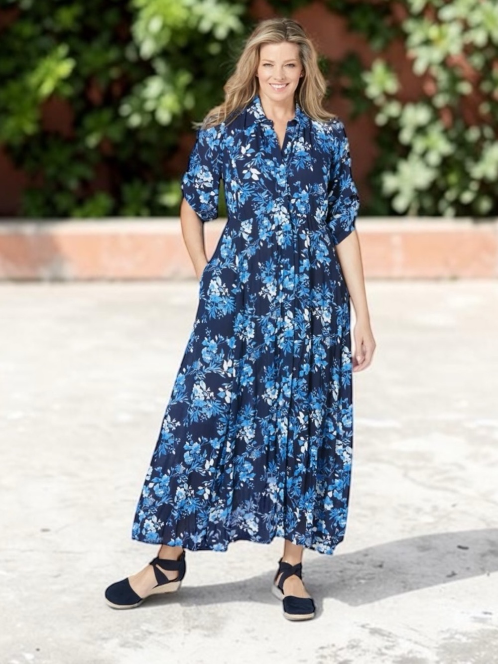 Woman Within Navy Blue Floral Maxi Shirt Dress Women’s Size 28 W NWT Cottagecore